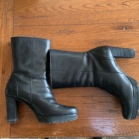 Paul Green Stacked Heel Black Leather Boots w/ Shearling Lining Roll Down Size 8 - Picture 2 of 12